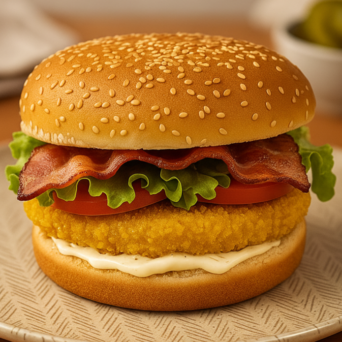 SF2 - Burger de Blend de frango, bacon artesanal, pão sem glúten, gergelim, tomate, alface e maionese vegetal
