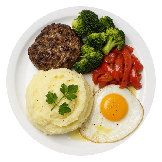 Hambúrguer Artesanal, Purê Cremoso, Ovo, Brócolis e Pimentão - 500g - ME8