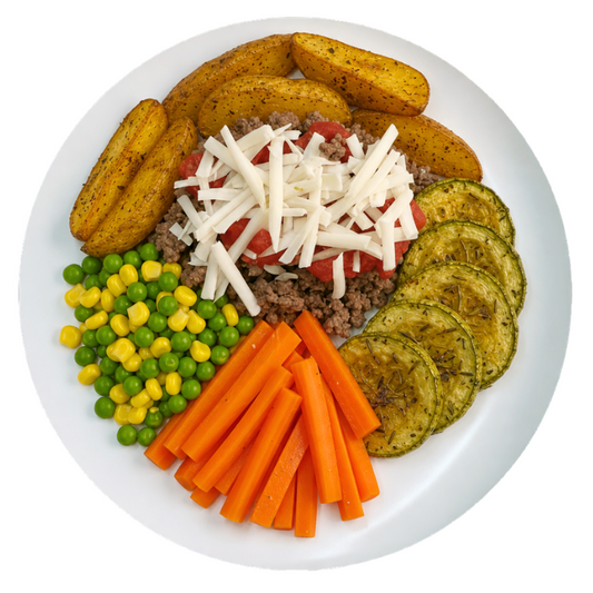 Carne Moída, Batatas, Queijo Vegetal, Ervilha, Milho Abobrinha e Cenoura - 500g - ME4