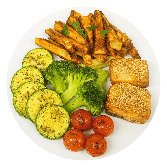 Salmão com Gergelim, Batata doce, Brócolis, Abobrinha e Tomate Cereja - 500g - ME5