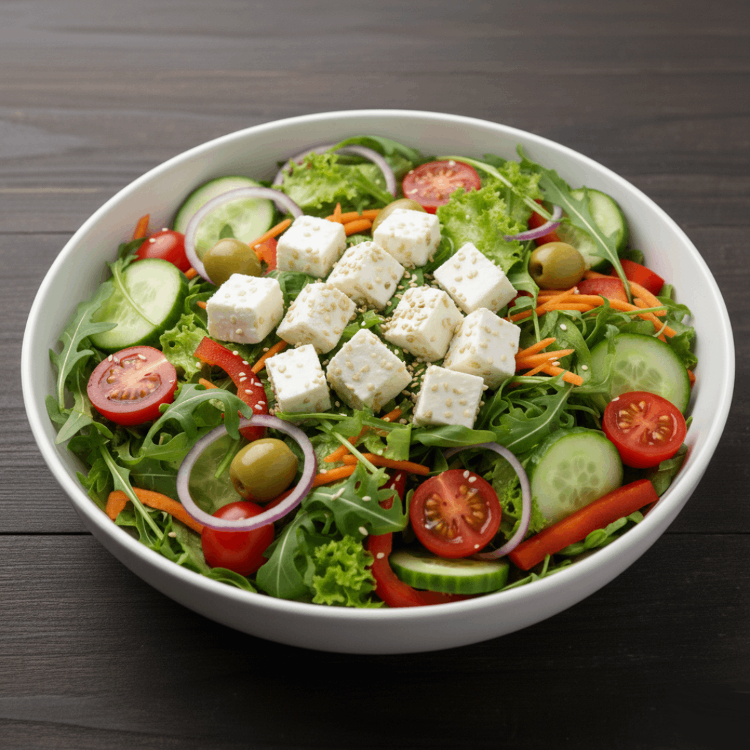 SA1 - Tofu fresco com gergelim, alface americana, rúcula, pepino, pimentão vermelho, cenoura ralada, cebolas (branca e roxa), tomate-cereja e azeitonas. Acompanha 2 sachês de sal e 1 molho à escolha.