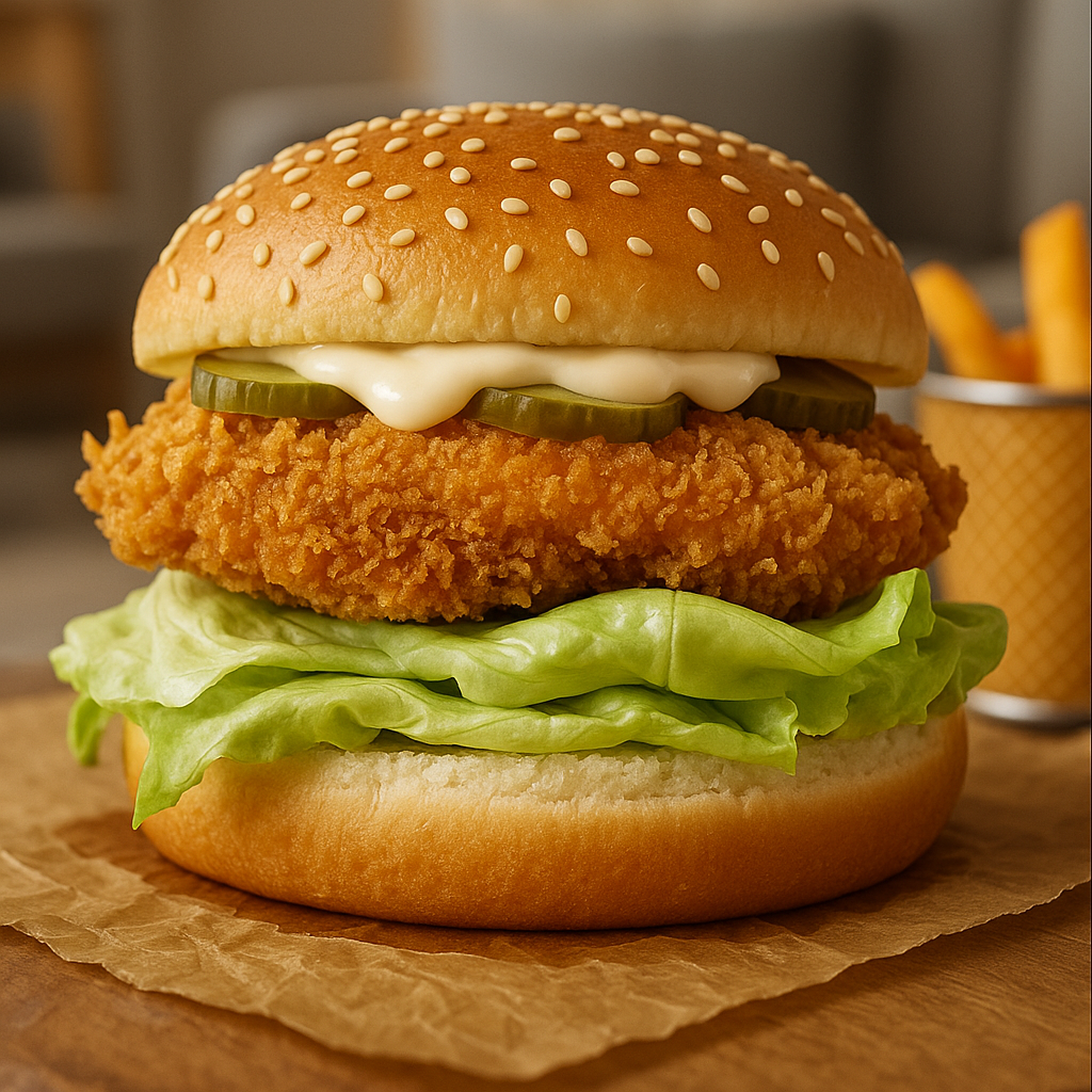 SF1 - Burger de Blend de frango empanado, pão sem glúten , maionese vegetal, pepino e alface