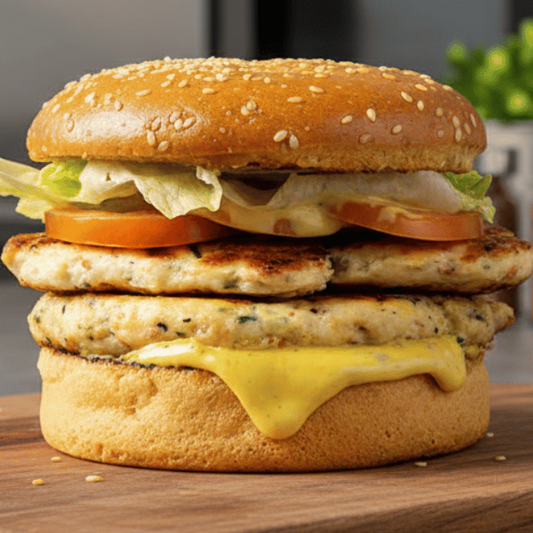 SF3 - Burger de Blend de frango, pão sem glúten, gergelim, manteiga ghee, maionese vegetal, mostarda vegetal, alface e tomate.