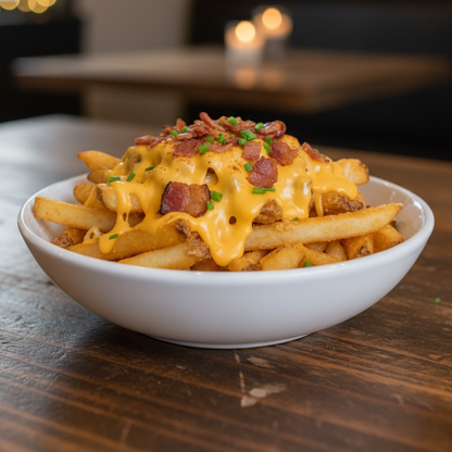 Batata inglesa palito 200g assada com azeite extravirgem e sal do Himalaia, com queijo tipo cheddar vegetal, bacon artesanal, maionese e ketchup vegetais - PB6