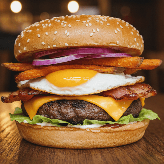 BURGUER TOP - Blend Bovino, Pão sem Glúten, manteiga ghee, cheddar vegetal, ovo, alface, tomate, cebola roxa, batata doce palito, maionese e ketchup vegetal - SB7