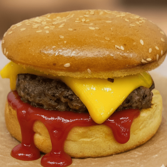 BURGUER CHEESE - Blend Bovino, pão sem glúten, gergelim, manteiga ghee, queijo vegetal e ketchup - SB5