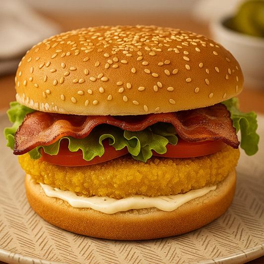 SF2 - Burger de Blend de frango, bacon artesanal, pão sem glúten, gergelim, tomate, alface e maionese vegetal