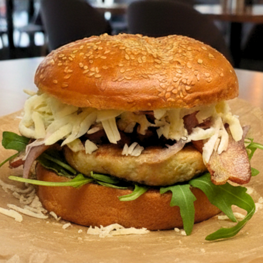 SF4 - Burger de Blend de frango, bacon artesanal, pão sem glúten, gergelim, manteiga ghee, queijo vegetal, cebola roxa, rúcula e maionese vegetal