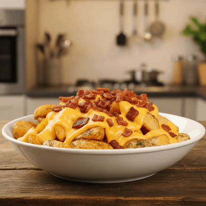 Batata rústica com casca 200g assada no forno com azeite de oliva extravirgem, sal do Himalaia, cúrcuma, orégano e tomilho, queijo vegetal estilo cheddar e bacon - PB8