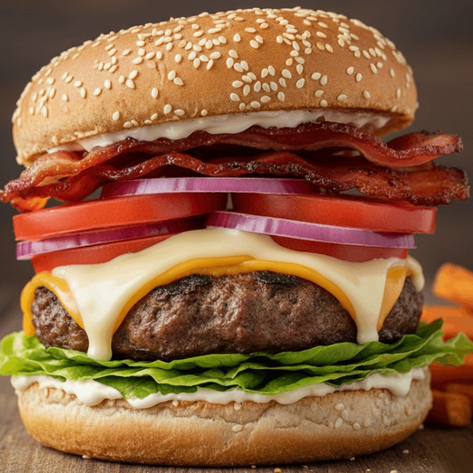 BURGUER DELUXE - Blend bovino, pão sem glúten, bacon, tomate, cebola roxa, queijo tipo muçarela e cheddar, alface e maionese. - SB8