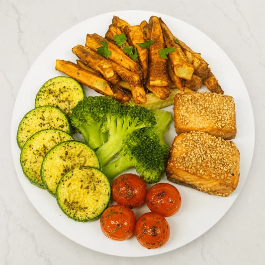 Salmão com Gergelim, Batata doce, Brócolis, Abobrinha e Tomate Cereja - 500g - ME5