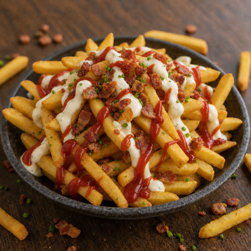Batata inglesa 190g assada no azeite de oliva extravirgem, bacon artesanal, maionese vegetal e ketchup vegetal - PB4