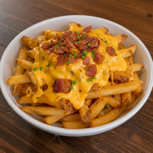 Batata inglesa palito 200g assada com azeite extravirgem e sal do Himalaia, com queijo tipo cheddar vegetal, bacon artesanal, maionese e ketchup vegetais - PB6