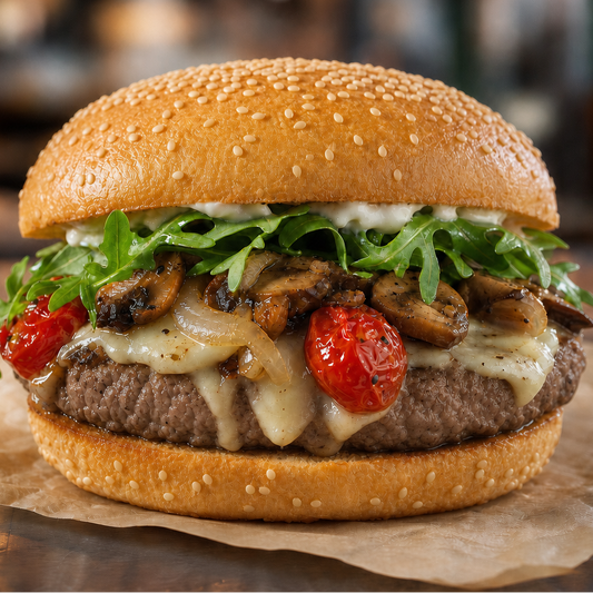 BURGUER MIX - Blend Bovino, pão sem glúten, gergelim, rúcula, maionese vegetal, queijo mussarela vegetal, champignon, cebola branca, tomate cereja - SB4
