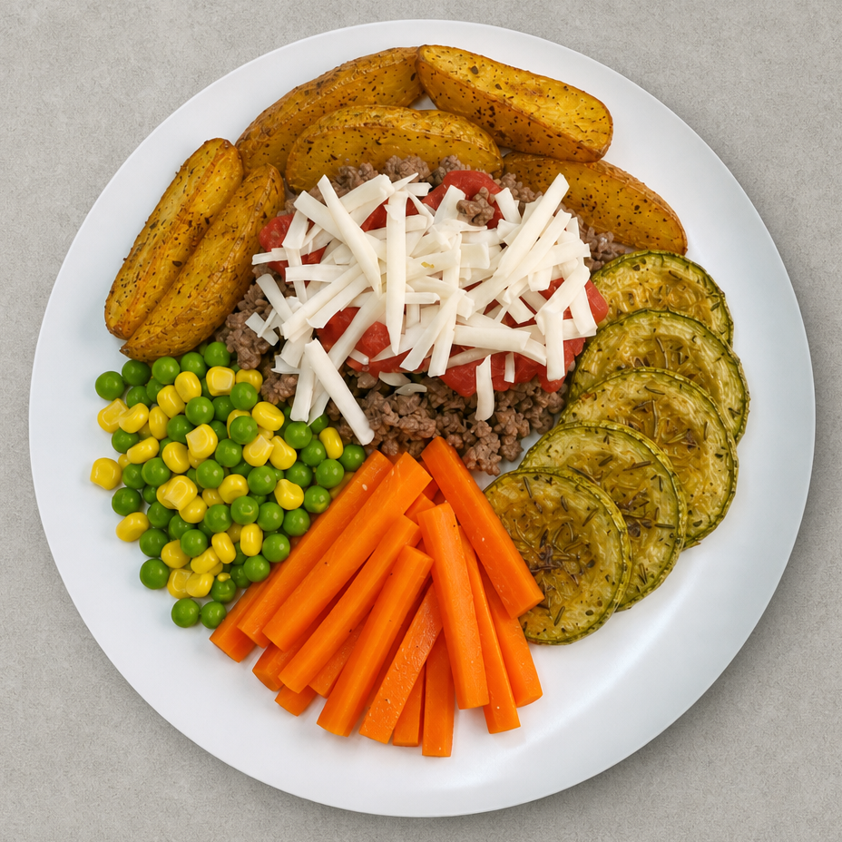 Carne Moída, Batatas, Queijo Vegetal, Ervilha, Milho Abobrinha e Cenoura - 500g - ME4
