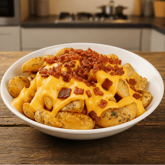 Batata rústica com casca 200g assada no forno com azeite de oliva extravirgem, sal do Himalaia, cúrcuma, orégano e tomilho, queijo vegetal estilo cheddar e bacon - PB8