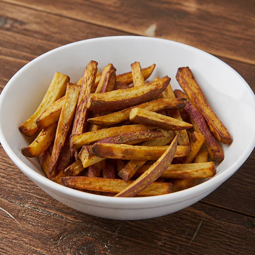 Batata-doce com casca 160g, temperadas com azeite de oliva extravirgem e sal do Himalaia. Assada no forno e zero frituras - PB7